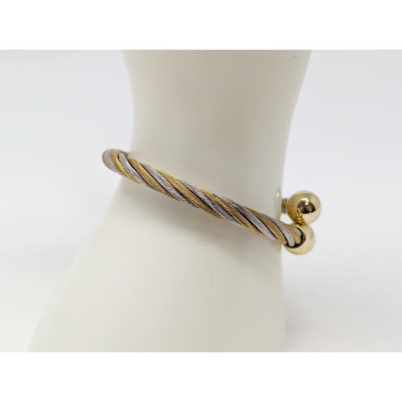 Silver Gold Tone Adjustable Steel Twisted Cable Cuff Bangle Bracelet Ring Set - Picture 6 of 8